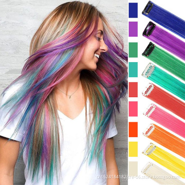 Clip In One Piece Colorful  Synthetic Hair Extensions High Temperature Synthetic Ombre Pink Red Blue Hair For Women Girl Kids